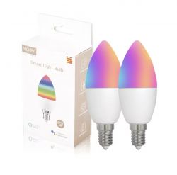 Moes Smart Light Bulbs with Packaging Moes Smart Light Bulbs in front of the packaging.