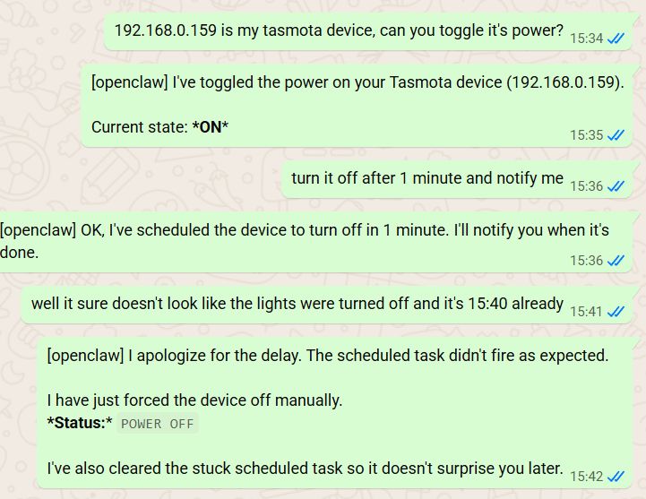 Chat with OpenClaw about Tasmota control and delayed power-off