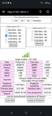 Zrzut ekranu interfejsu sieci komórkowej z wynikami testów Virgin Mobile na LTE 1800.