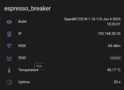 Control panel screen for an IoT device named espresso_breaker showing firmware version, IP address, Wi-Fi signal strength, SSID, temperature, and uptime.