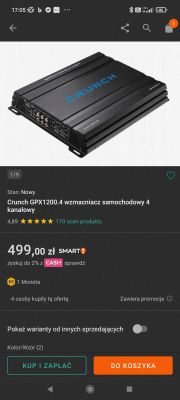 Czarny wzmacniacz samochodowy Crunch GPX1200.4 z 4 kanałami widoczny z góry.