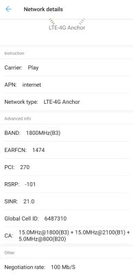Zrzut ekranu z aplikacji pokazującej szczegóły połączenia sieciowego LTE-4G Anchor dla operatora Play, z informacjami o pasmach, sile sygnału i agregacji.