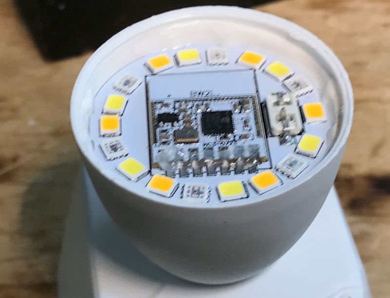 Interior of an LED Bulb Close-up of an LED bulb interior with visible diodes and circuit.