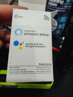 Packaging of a smart plug compatible with Amazon Alexa and Google Assistant.