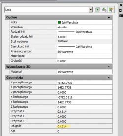 Zrzut ekranu okna właściwości obiektu w AutoCAD przedstawiający szczegóły linii.