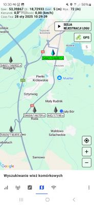 Zrzut ekranu z aplikacji pokazującej mapę z lokalizacjami wież komórkowych.