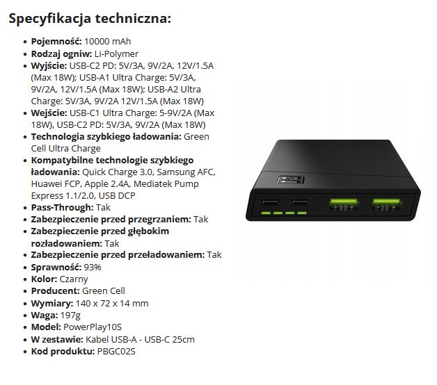 Powerbank Green Cell PBGC02S 10Ah z opisem specyfikacji technicznej.