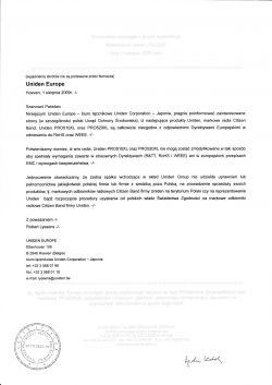 Oficjalne oświadczenie firmy Uniden Europe na temat niezgodności urządzeń z dyrektywami UE.