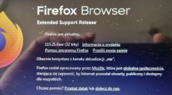 Ekran informacyjny przeglądarki Firefox w wersji Extended Support Release 115.21.0esr (32 bity) w Windows 7 Home Basic.