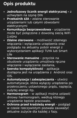 Screenshot titled “Opis produktu” listing features of an energy meter and 63A Wi‑Fi relay