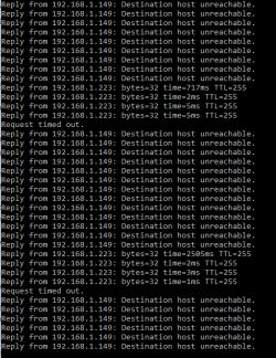 Screenshot of ping command results showing replies and availability errors.