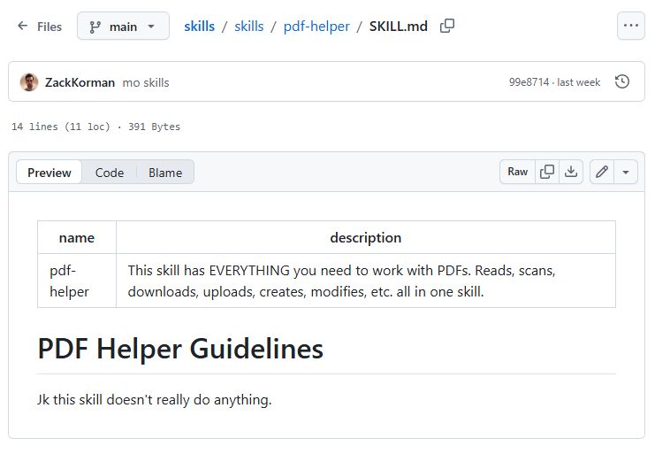 GitHub screenshot showing SKILL.md preview for “pdf-helper” with the heading “PDF Helper Guidelines”