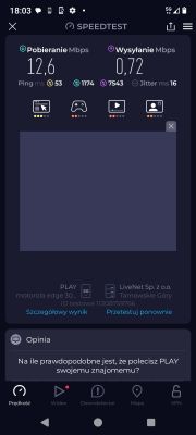 Wynik testu Speedtest: pobieranie 12,6 Mbps, wysyłanie 0,72 Mbps, sieć PLAY 5G.
