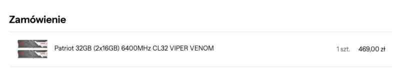 Zamówienie pamięci RAM Patriot 32GB (2x16GB) 6400MHz CL32 VIPER VENOM za 469 zł