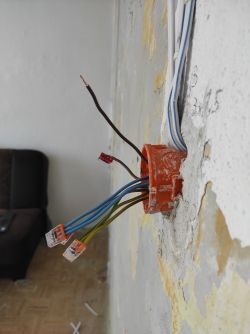 Zbliżenie na wiszące kable elektryczne wychodzące z pomarańczowej puszki elektrycznej w ścianie.