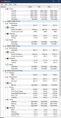 Zrzut ekranu z programu HWMonitor pokazujący szczegółowe dane dotyczące temperatur, napięć i zużycia zasobów komputera.