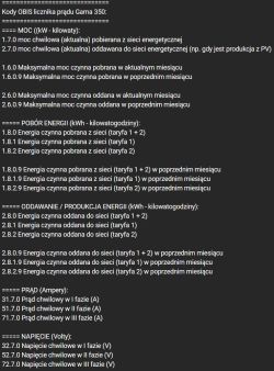 Lista kodów OBIS licznika prądu Gama 350 do odczytu mocy, energii, prądu i napięcia