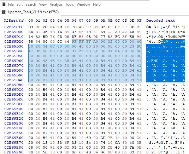 Screenshot of a hex editor with the file Upgrade_Tools_V1.5.9.exe open and a block of data highlighted.