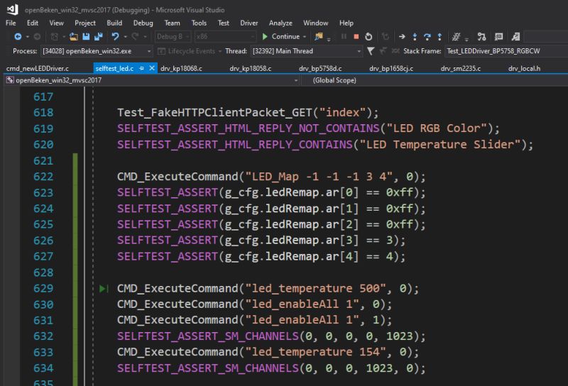 Autotest code in Visual Studio showing LED_Map configuration and SELFTEST_ASSERT checks