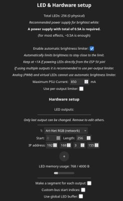 LED and hardware setup screen with 256 LEDs and brightness limiter enabled