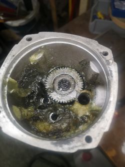Widok wnętrza mechanizmu z widocznymi zębatkami i smarem.