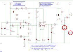 Schemat elektroniczny z wyraźnie zaznaczonymi dwoma tranzystorami i rezystorem, z opisami po niemiecku.