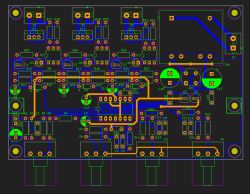 Widok PCB dwuwarstwowy projektu iluminofonii z oznaczeniami ścieżek i komponentów