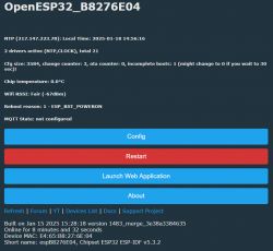 Control panel of the OpenESP32 device with connection and status information.