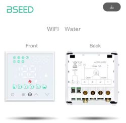 BSEED WiFi Water thermostat diagram showing front touch icons and rear wiring terminals with labels
