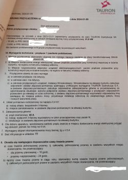 Pismo z warunkami przyłączenia energetycznego od TAURON Dystrybucja z dnia 2024-01-09.