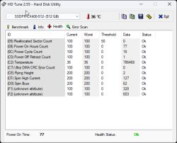 Zrzut ekranu programu HD Tune pokazujący status zdrowia dysku SSD GOODRAM CX400 512 GB – brak wykrytych problemów.