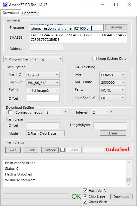 AmebaZ2 PG Tool interface showing flash programming and device status