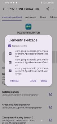 Zrzut ekranu z aplikacji PCZ KONFIGURATOR z listą usług śledzących Google