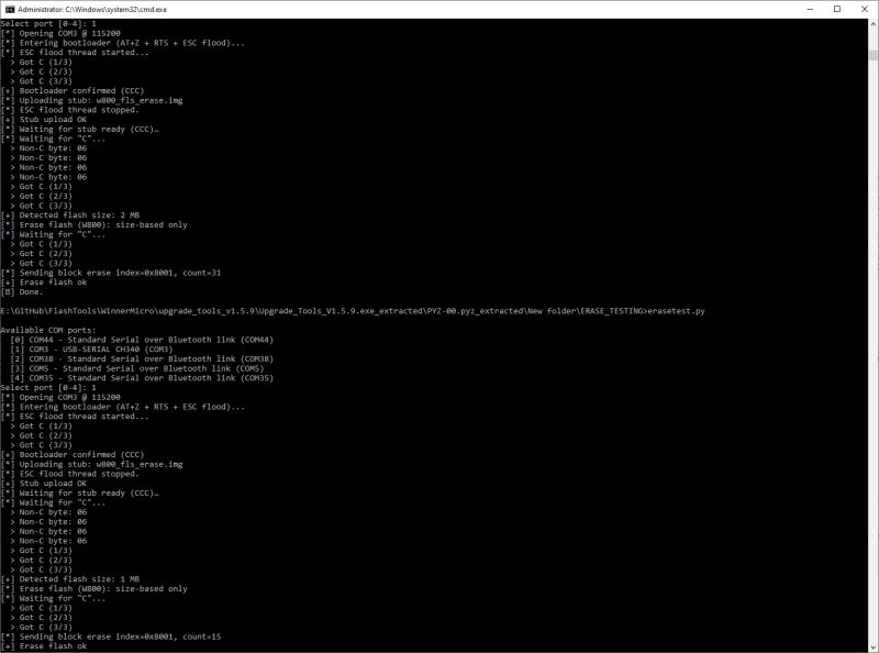 CMD window showing flash erase process for W806 microcontroller