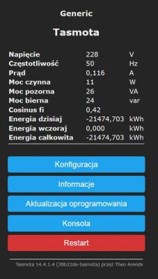 Tasmota interface panel displaying energy consumption data.