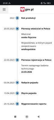 Oś czasu pojazdu z datami rejestracji, nabycia i zbycia widoczna na stronie gov.pl