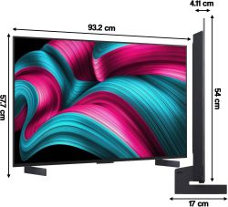 Telewizor z kolorową grafiką i oznaczonymi wymiarami: 93,2 cm szer., 57,7 cm wys., 54 cm z podstawą