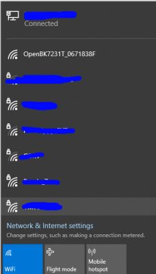 Wi-Fi Network List with OpenBK7231T Screenshot of a Wi-Fi network list with the OpenBK7231T network selected.