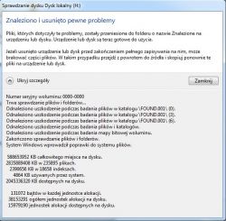 Wynik sprawdzania dysku z komunikatem o znalezionych i usuniętych problemach