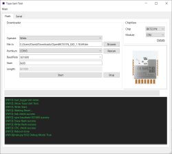 Tuya UART Tool Interface User interface of Tuya UART Tool showing settings and chip information.