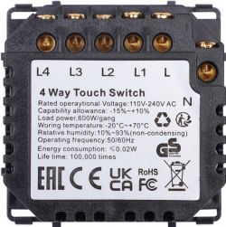 Black four-way touch switch with technical specifications.