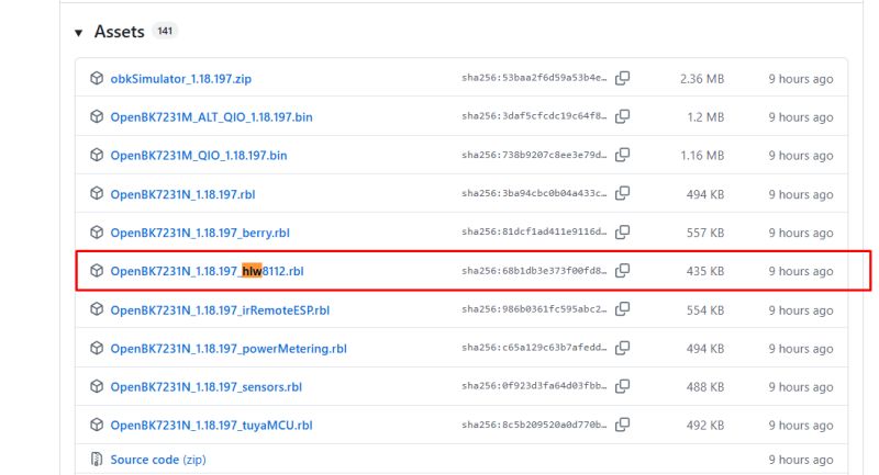 Downloadable file list with .zip, .bin, and .rbl formats from OpenBK7231N repository