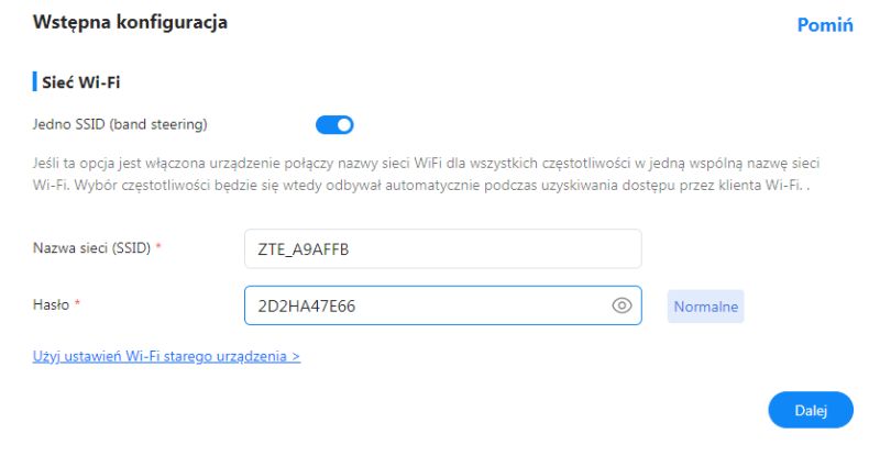 Ekran konfiguracji sieci Wi-Fi z nazwą SSID i polem hasła dla routera ZTE