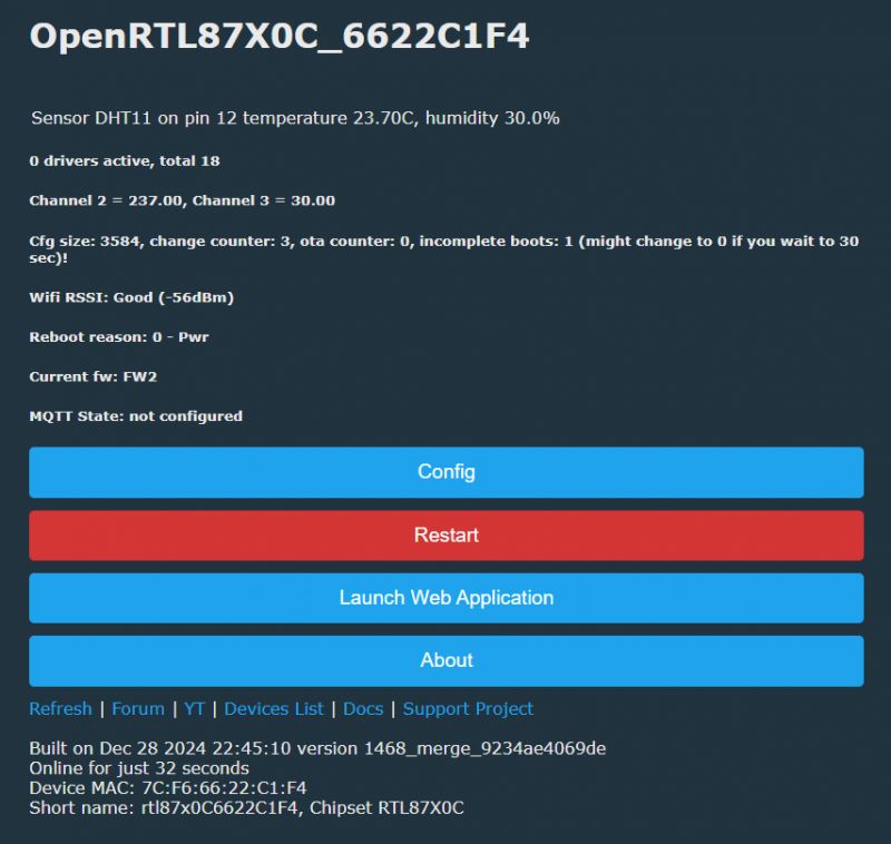 User interface displaying device status for OpenRTL87X0C_6622C1F4.