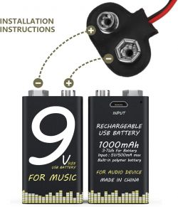 Two black 9V USB batteries labeled FOR MUSIC with a connection diagram.
