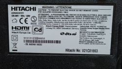 Label with technical data of Hitachi TV model 43HAK6151