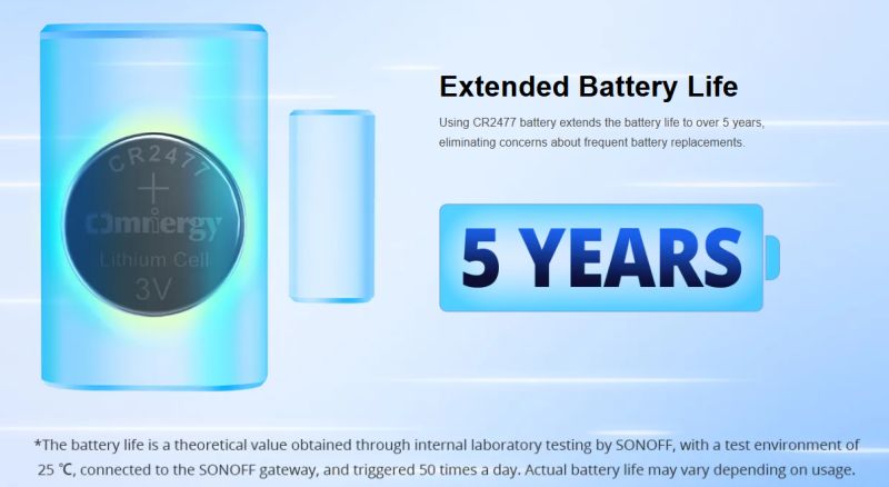 The image shows a CR2477 battery and information stating it can last up to 5 years.