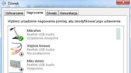Zakładka „Nagrywanie” w ustawieniach dźwięku z urządzeniami Realtek USB Audio.