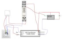 Schemat połączeń z transformatorem LED, przekaźnikiem i modułem soft start/stop