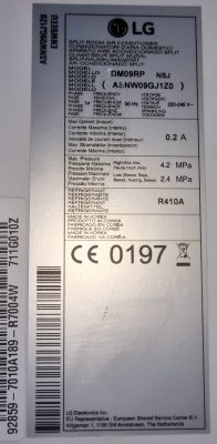 Etykieta znamionowa klimatyzatora LG modelu ASNW09GJ1Z0 z informacjami technicznymi.